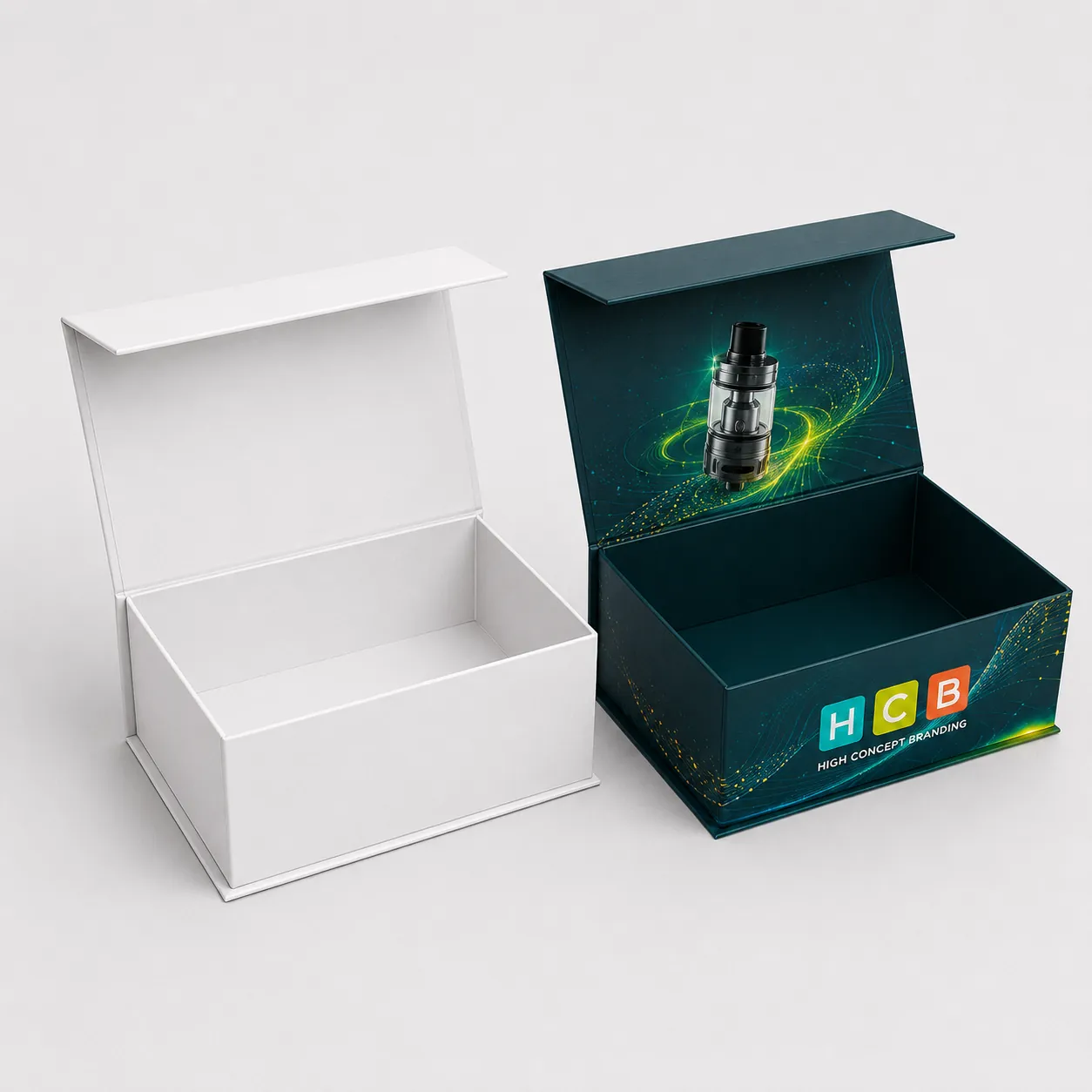 Custom printed magnetic rigid boxes for luxury vape tank hardware next to white mockup option. class=